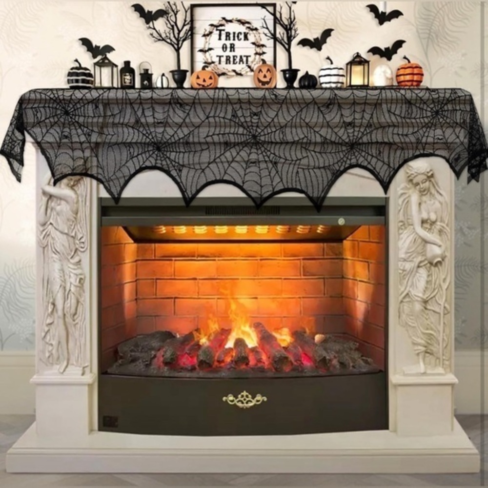 Halloween Decoration Black Lace Spiderweb Fireplace Mantle Cover 18” x 96”